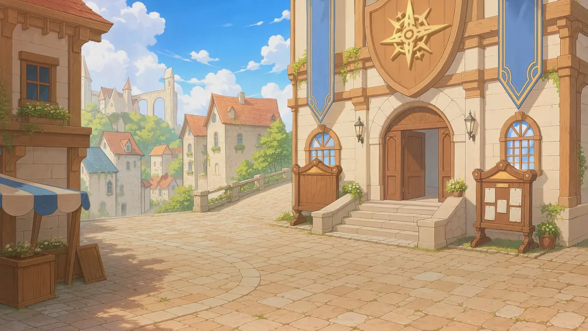 Galvatein: Adventurers' Guild store art: the guild hall's open wooden doors and notice boards on a sunlit cobbled street, with blue banners and a golden star emblem above the entrance and tiled-roof houses behind.