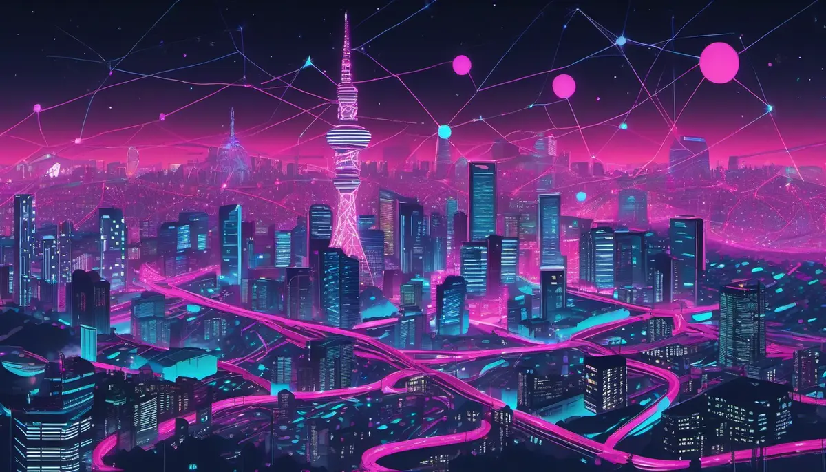 Editorial illustration of a glowing network of light connecting citizen nodes across a night-time city skyline, representing nationwide public AI access.