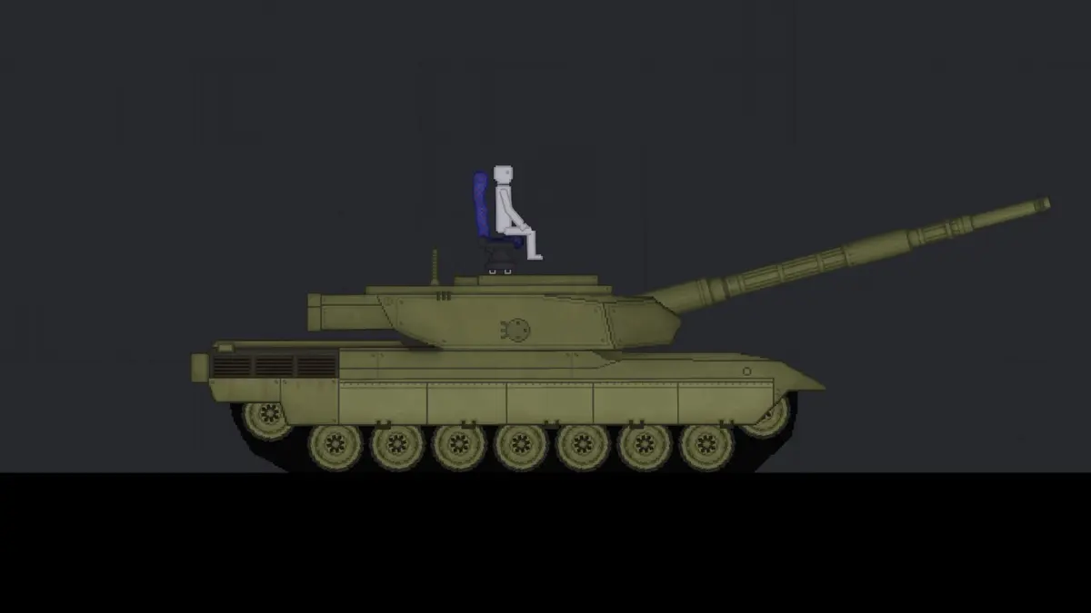 A white ragdoll figure seated on the turret of a green tank on a grey grid background, in a scene from *People Playground*.