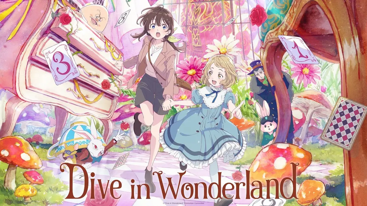 Official *Dive in Wonderland* key art: Rise, in a beige blazer, runs hand in hand with Alice, in a blue pinafore dress, through a pink flower-filled Wonderland, past giant playing cards, spotted mushrooms, a white rabbit and the Cheshire Cat.