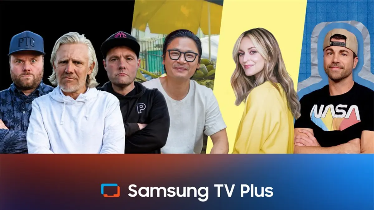 A row of creator portraits above the Samsung TV Plus wordmark on a dark blue background