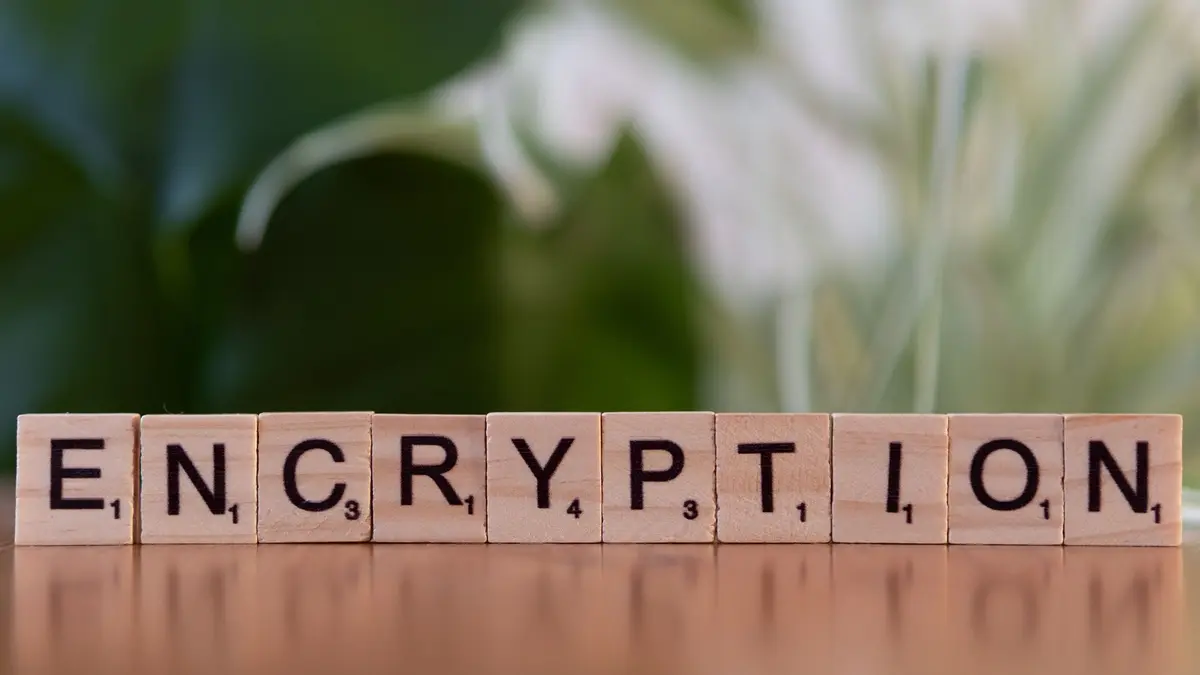 Wooden letter tiles spelling the word encryption in a row on a pale surface, lit against a blurred green background