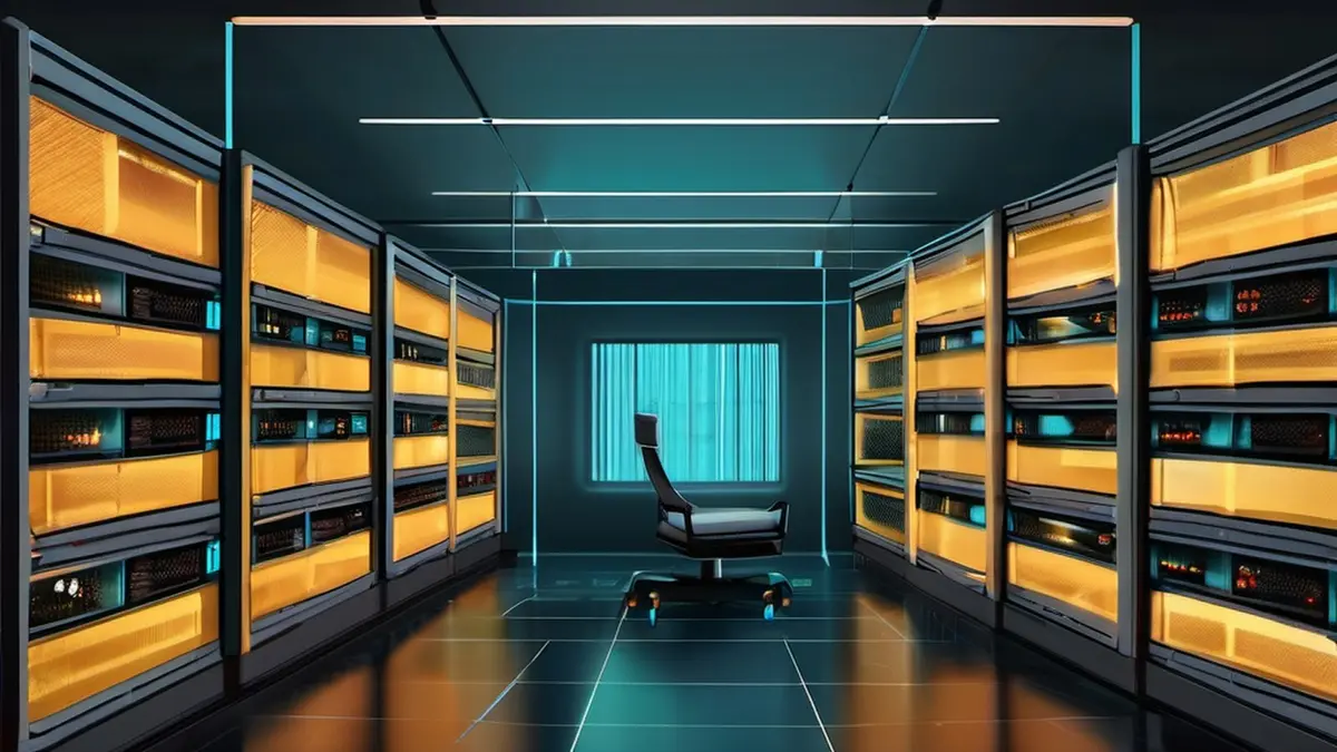 A dark server room at night, amber-lit racks lining both sides and an empty office chair facing a softly glowing screen at the far end