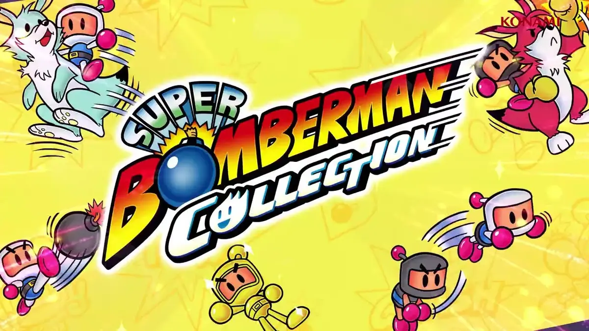 The *SUPER BOMBERMAN COLLECTION* logo and colourful Bomberman characters presented in the official trailer artwork.