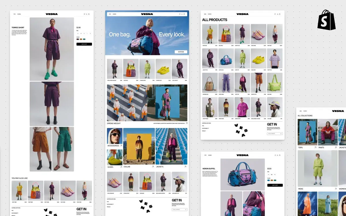 Shopify's Canvas design workspace showing several pages of an online fashion store laid out together for editing.