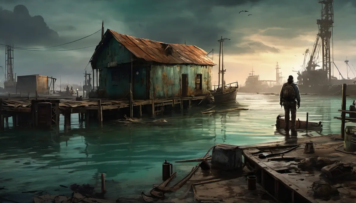 A lone survivor stands on a flooded harbour dock beside a rusted safe-zone settlement in an original post-apocalyptic editorial illustration.