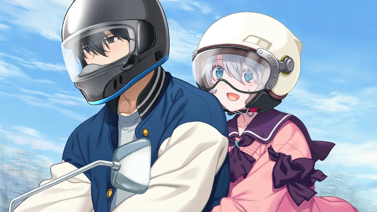 A young man and a girl in motorcycle helmets riding together against a bright blue sky, the key image for the visual novel Twilight Pretender.