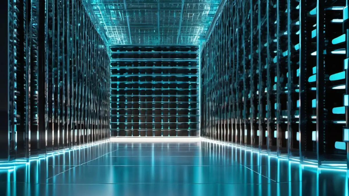 A dark data-centre aisle lined with mirrored server racks glowing cyan, ending at a brightly lit floor.