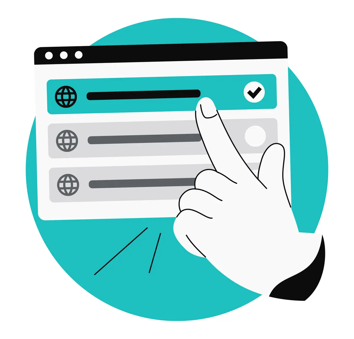 An illustration of a hand tapping a list of website rows in a browser window, with a globe icon and a tick on the highlighted row.