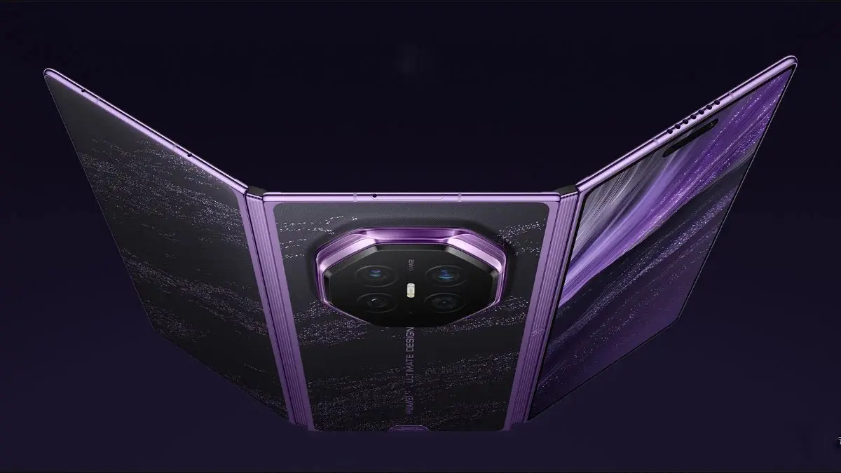 Supplied image showing the Huawei Mate XT 2 inward-folding trifold phone.