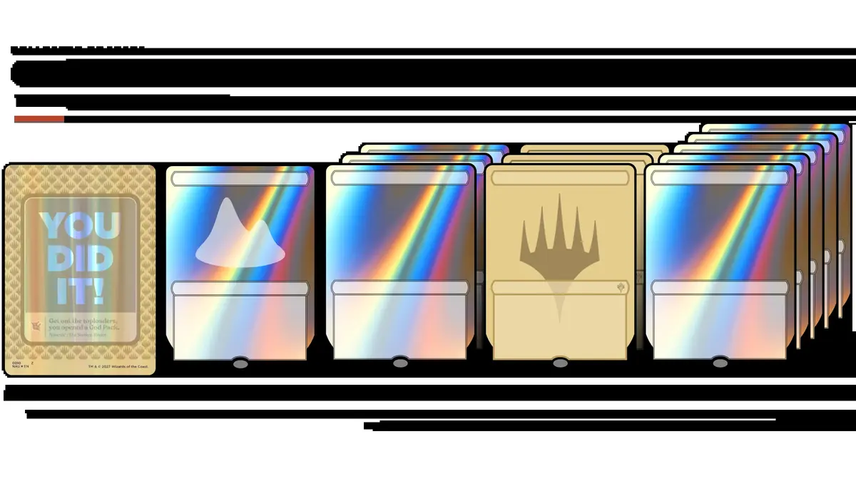 A Magic: The Gathering God Pack being opened, showing a celebration card next to a fan of foil rare and mythic cards