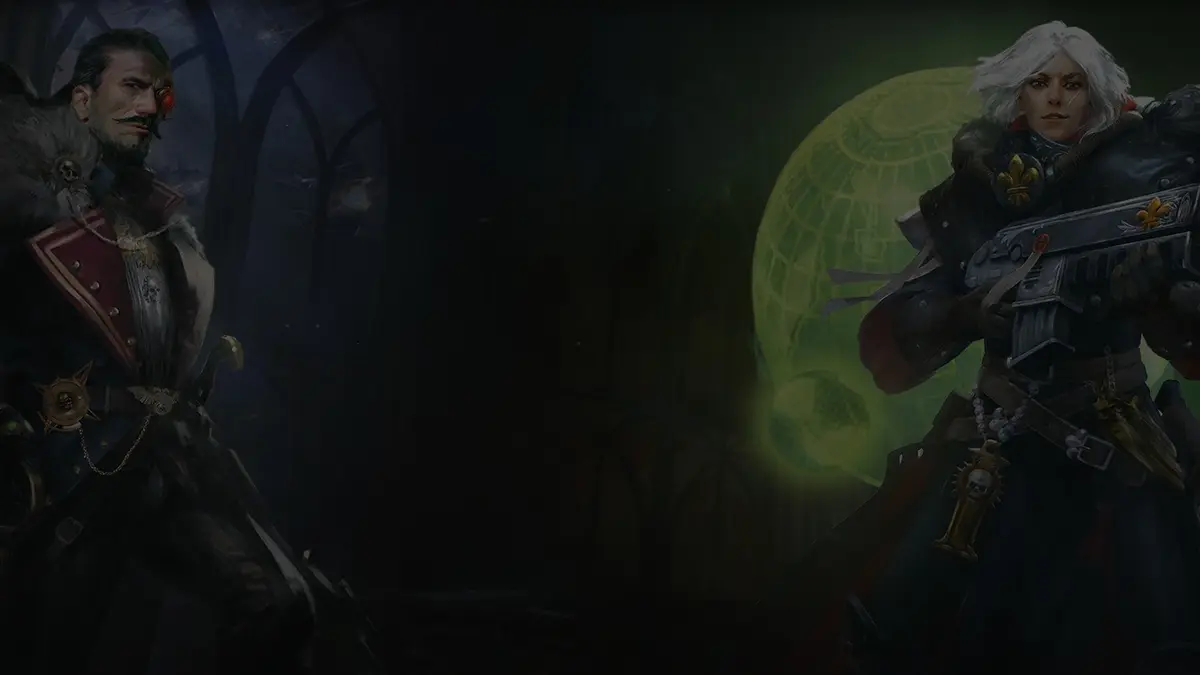 Season Pass 2 key art for Warhammer 40,000: Rogue Trader, showing a Rogue Trader in a red-collared coat beside a white-haired warrior in dark armour with a lasgun, in front of a glowing green planet inside a vaulted hall.