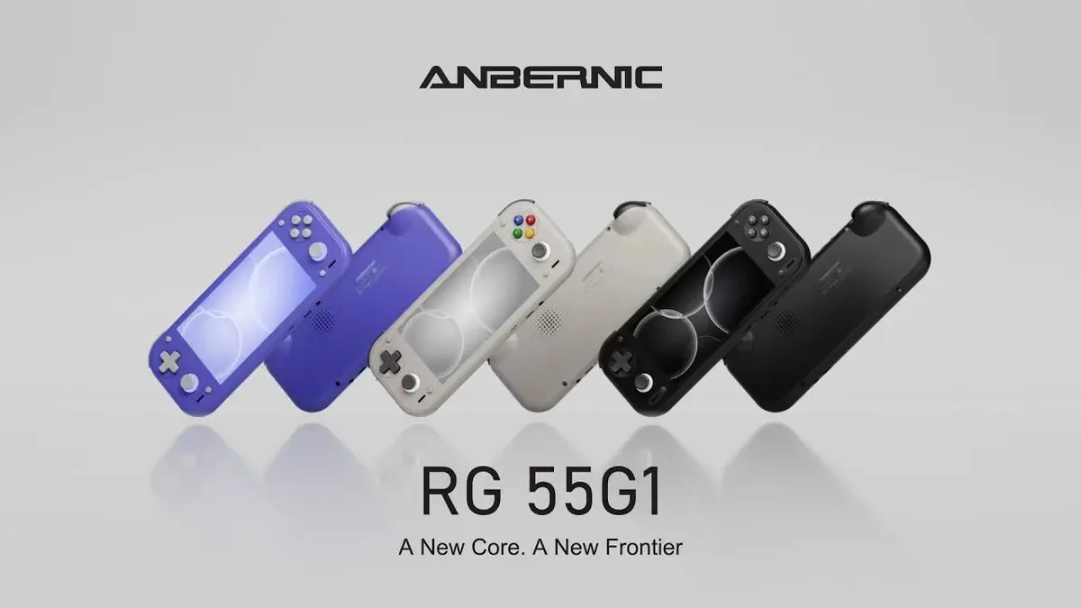 ANBERNIC RG 55G1 Android gaming handhelds shown in purple, white and black finishes.
