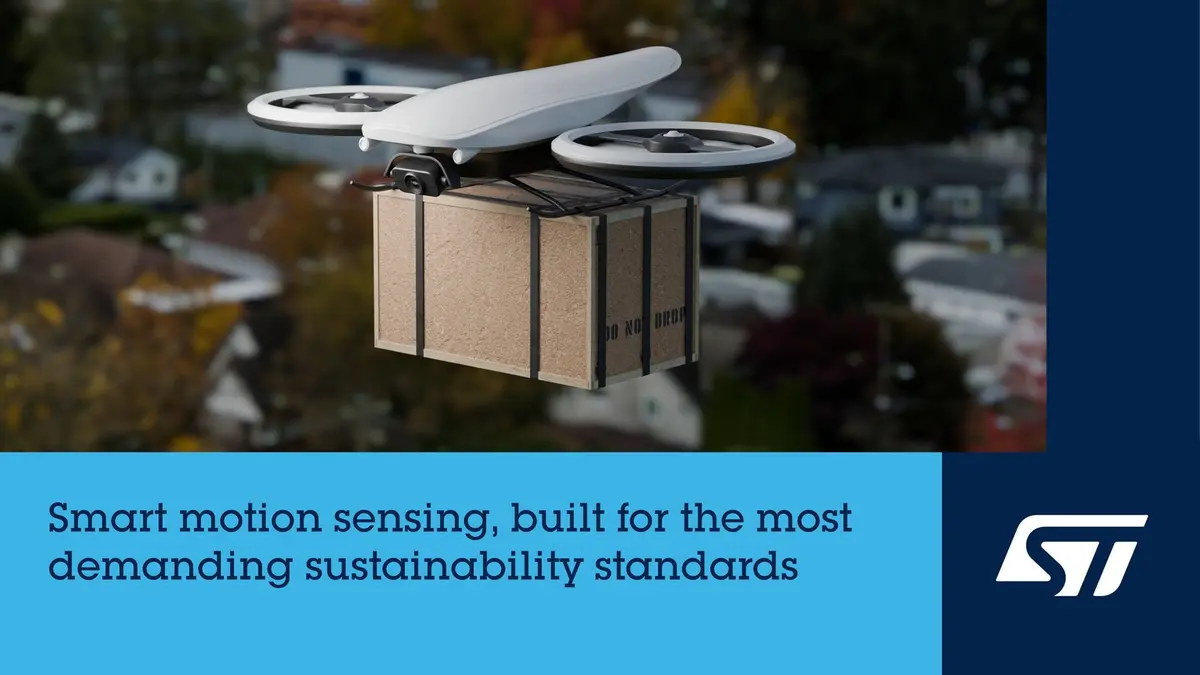 A drone carrying a cardboard parcel in flight, above a banner reading smart motion sensing built for the most demanding sustainability standards, with the STMicroelectronics logo