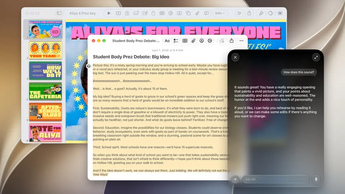 A Mac display showing Siri AI suggesting shorter edits to a student’s script, with the Ask Siri button in the corner