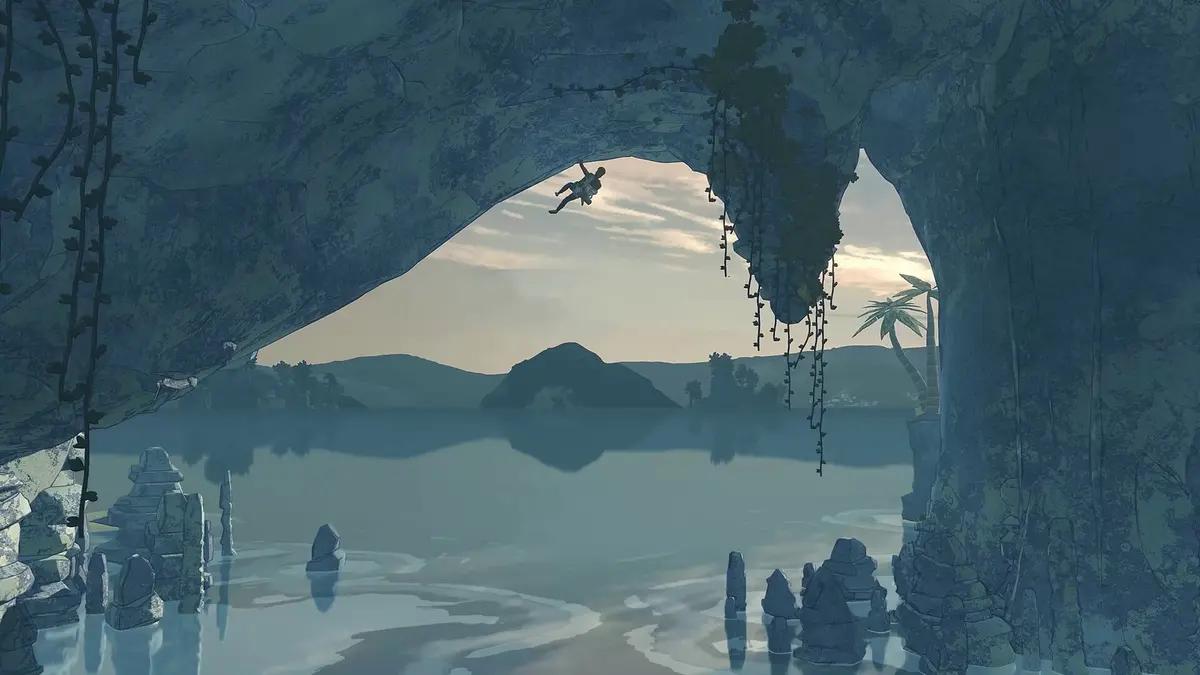 A climber mid-leap across the mouth of a rock arch, silhouetted against a still blue lake and low hills beyond, in the illustrated style of Cairn.