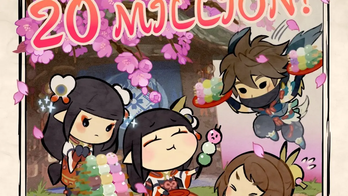 Chibi Kamura hunters hold plates of dango beneath the words 20 Million on Monster Hunter Rise celebration art