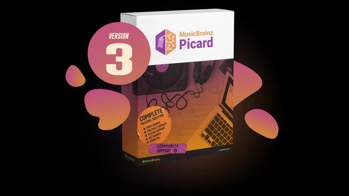 MusicBrainz Picard 3.0 release artwork: a purple and orange cardboard box printed with the MusicBrainz Picard logo, a record player and headphones, next to a pink circle reading 'VERSION 3'