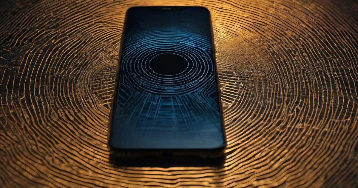 A dark smartphone-shaped slab standing on a glowing amber field of concentric sound waves, its screen filled with blue ripples and faint circuit lines