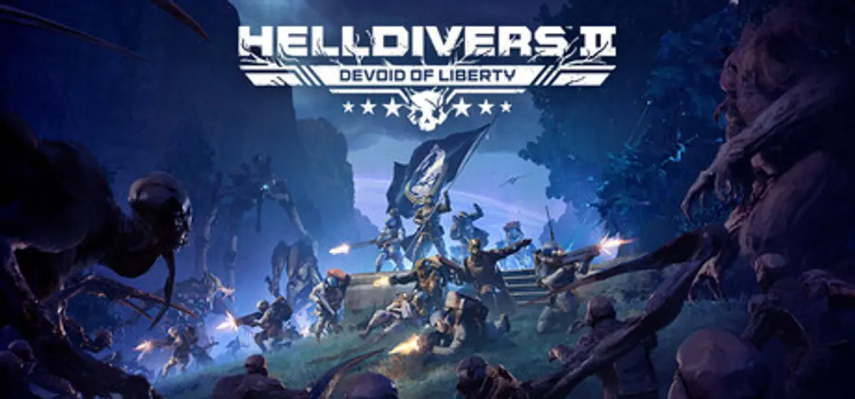 Helldivers in combat beneath a dramatic orange sky, official Steam header artwork for Helldivers 2