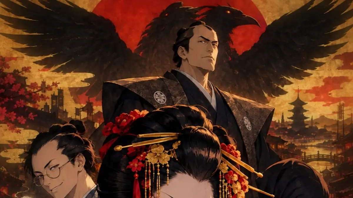 The key visual for Oiran Reincarnation, showing an oiran in an elaborate flowered kanzashi headdress and a dark kimono in the foreground, a stern samurai beside a giant raven against a red sun, and an Edo streetscape at sunset behind them.