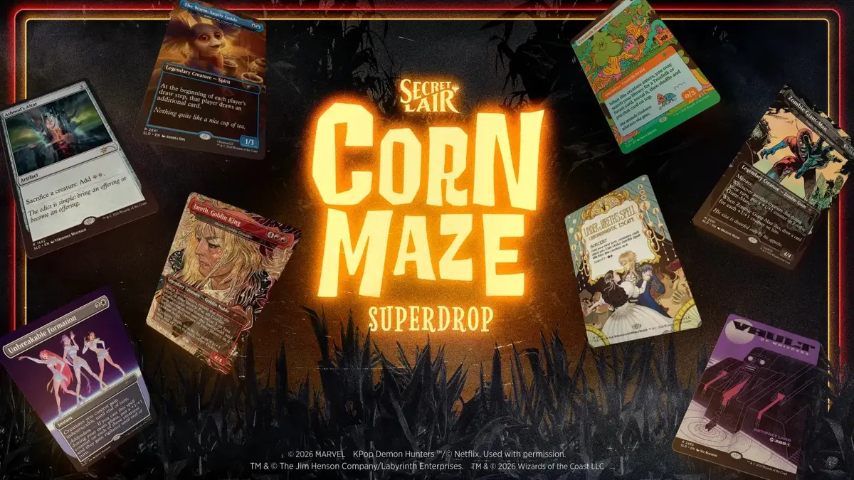 The Corn Maze Superdrop key art, with the Secret Lair logo glowing over a moonlit corn maze and nine Magic cards fanned around it, including Jareth, Goblin King and a trio of KPop Demon Hunters characters