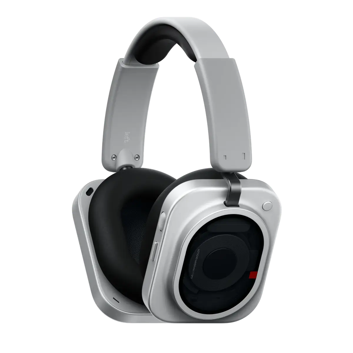 The white Nothing Headphone (1) Pro over-ear headphones photographed at an angle, showing the Nothing logo on the ear cup