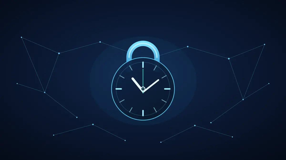 A glowing padlock sitting over a clock face, surrounded by a network of linked nodes