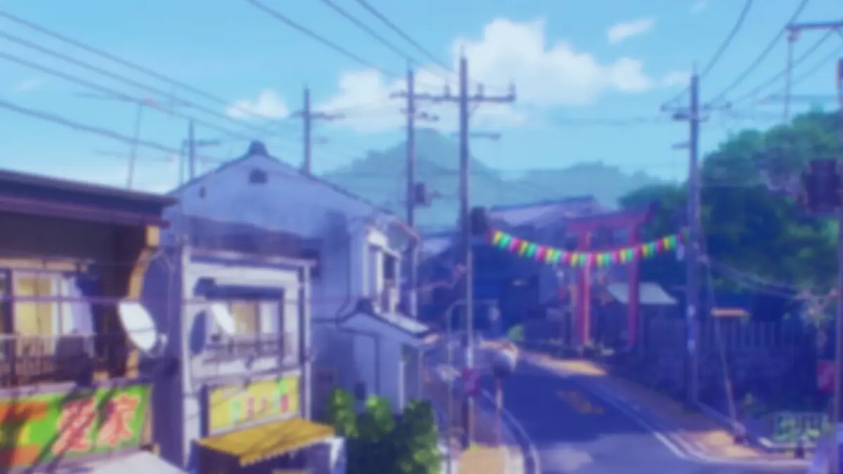 A sunlit residential street in Inaba from Persona 4 Revival, with power lines strung overhead, shopfronts and banners along the roadside and a red torii gate at the end of the road