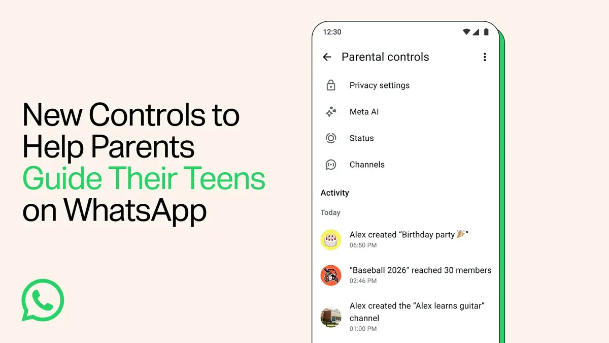 WhatsApp’s Parental controls screen listing privacy settings, Meta AI, Status and Channels