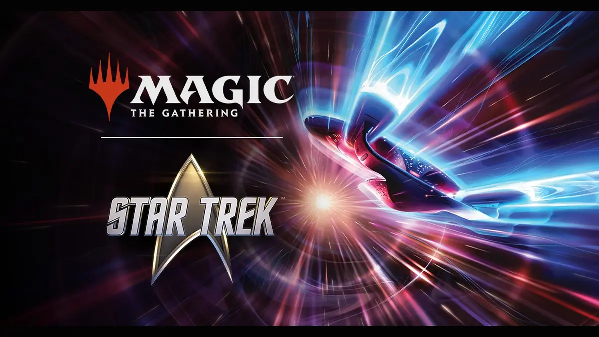The Magic: The Gathering and Star Trek logos on the left of a dark starfield, with a lit starship streaking diagonally through blue, magenta and white warp-speed light trails.