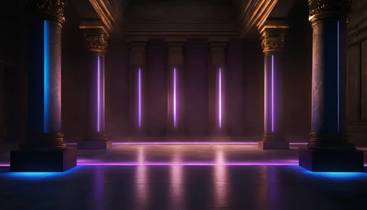 Four tall glowing monolith panels of blue and violet light linked into one chain by a bright cable in a dark stone hall, with a brass balance scale silhouetted in the foreground