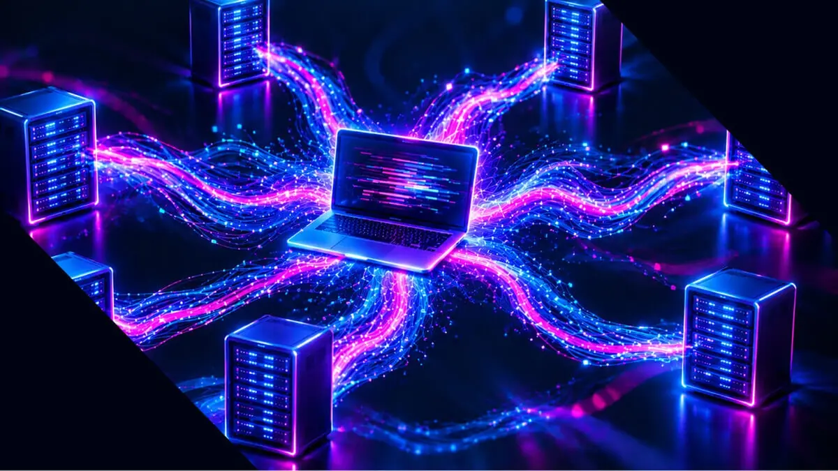 A network of glowing server racks linked by streams of blue and pink light on a dark surface, the illustration ThreatDown published with its CARBONATO report