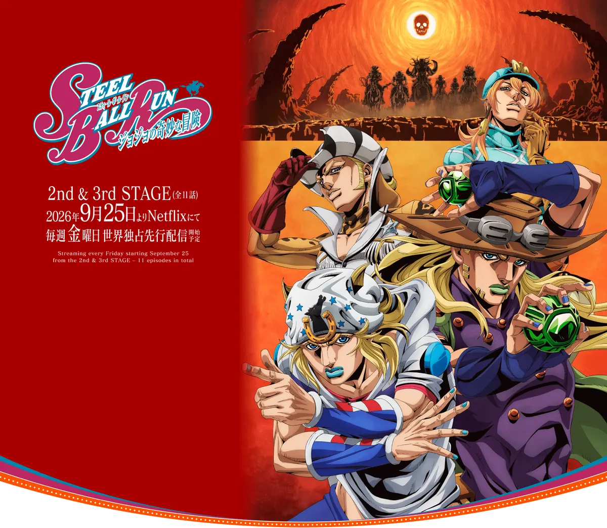 Official key art for *STEEL BALL RUN: JoJo’s Bizarre Adventure* showing Johnny Joestar and Gyro Zeppeli riding across a vivid blue landscape.