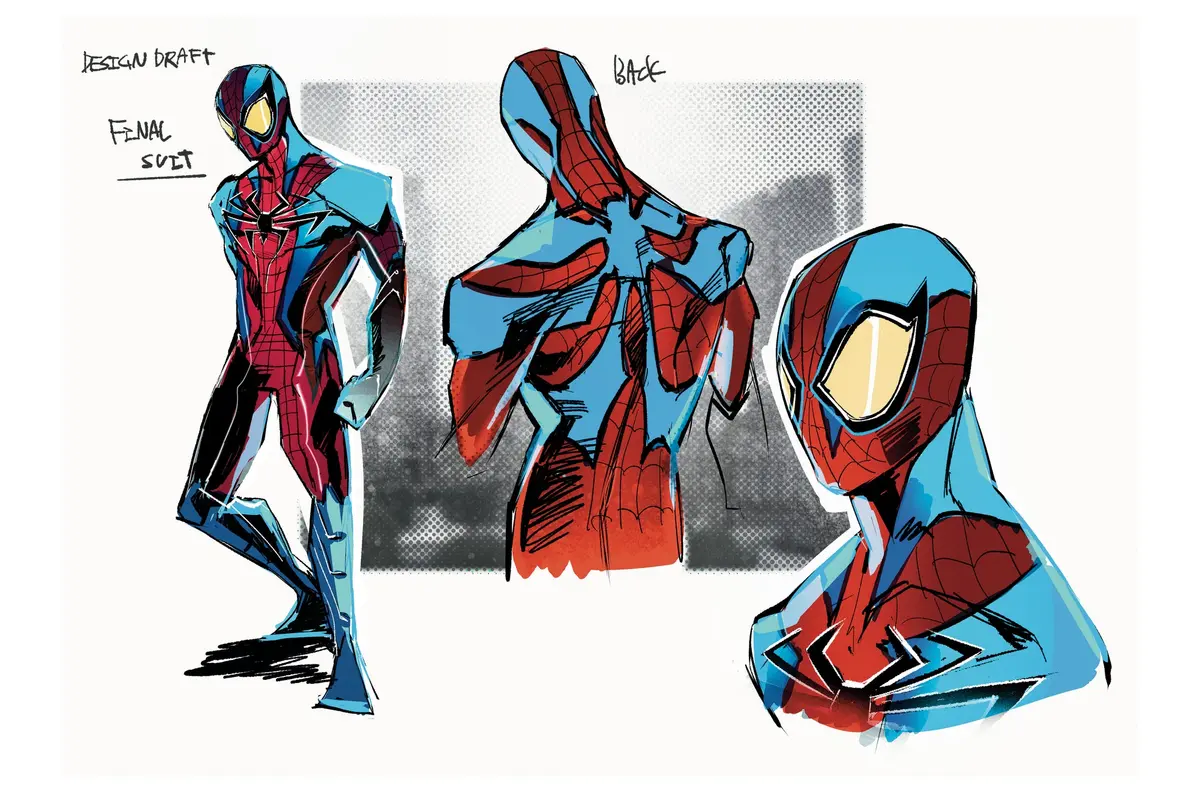 Spider-Man concept art from the MARVEL|KADOKAWA project showing a web-patterned red and blue suit with the character's head and back detail