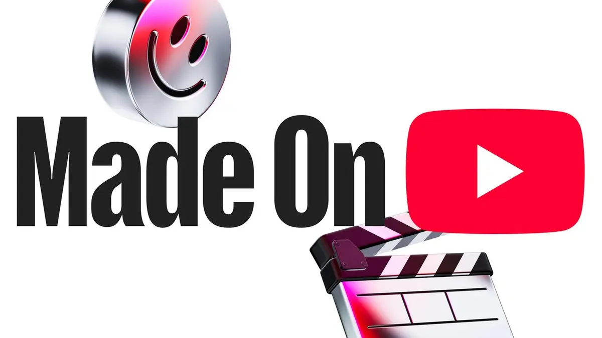 YouTube's Made On YouTube 2026 key art: the words Made On in heavy black type beside YouTube's red play button, with a chrome smiley disc and a clapperboard on a white background