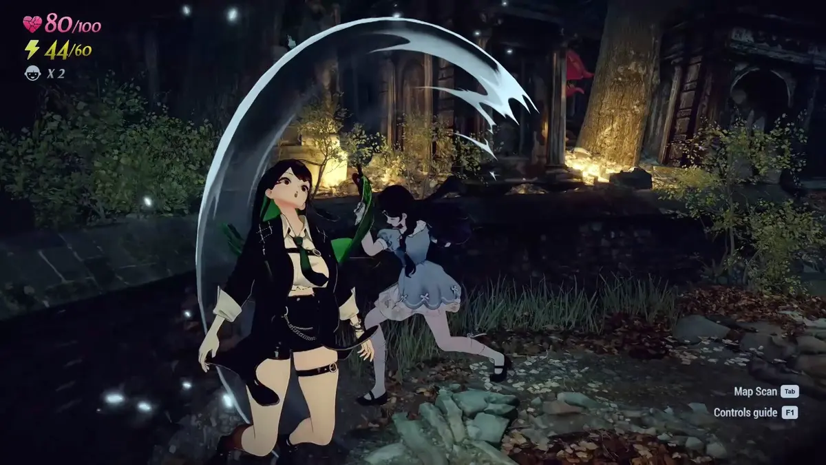 Two anime-style characters in a dark forest clearing, with a dark-haired figure in a white shirt and black coat standing in front of a glowing crescent-shaped scythe while a second character in a pale dress runs behind them.