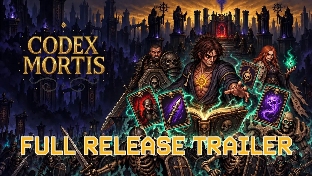 Codex Mortis key art: the gold Codex Mortis logo sits on the left, a necromancer holds open a glowing spell book with spell cards floating above it in the centre, a scarred warrior and a green-haired spellcaster flank him, skeletons crowd a gothic city skyline behind them, and the words Full Release Trailer run across the middle.