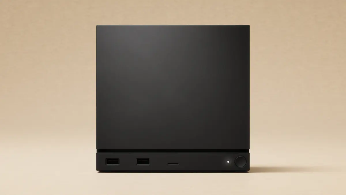 Front view of Valve's 2026 Steam Machine: a matte black cube with two USB-A ports, a microSD slot and a power button, photographed against a warm beige background.