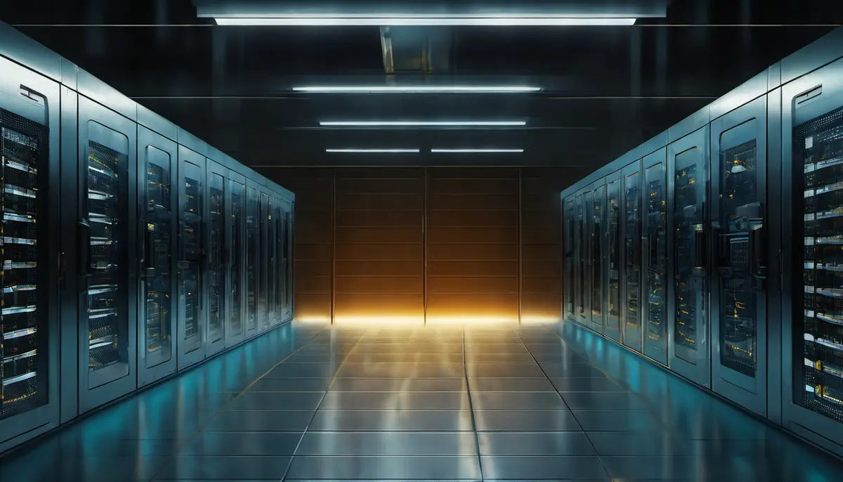 A dark data-centre aisle lined with server racks, receding toward a warm amber glow at the far end, representing the memory space where an AI agent's credentials are resolved