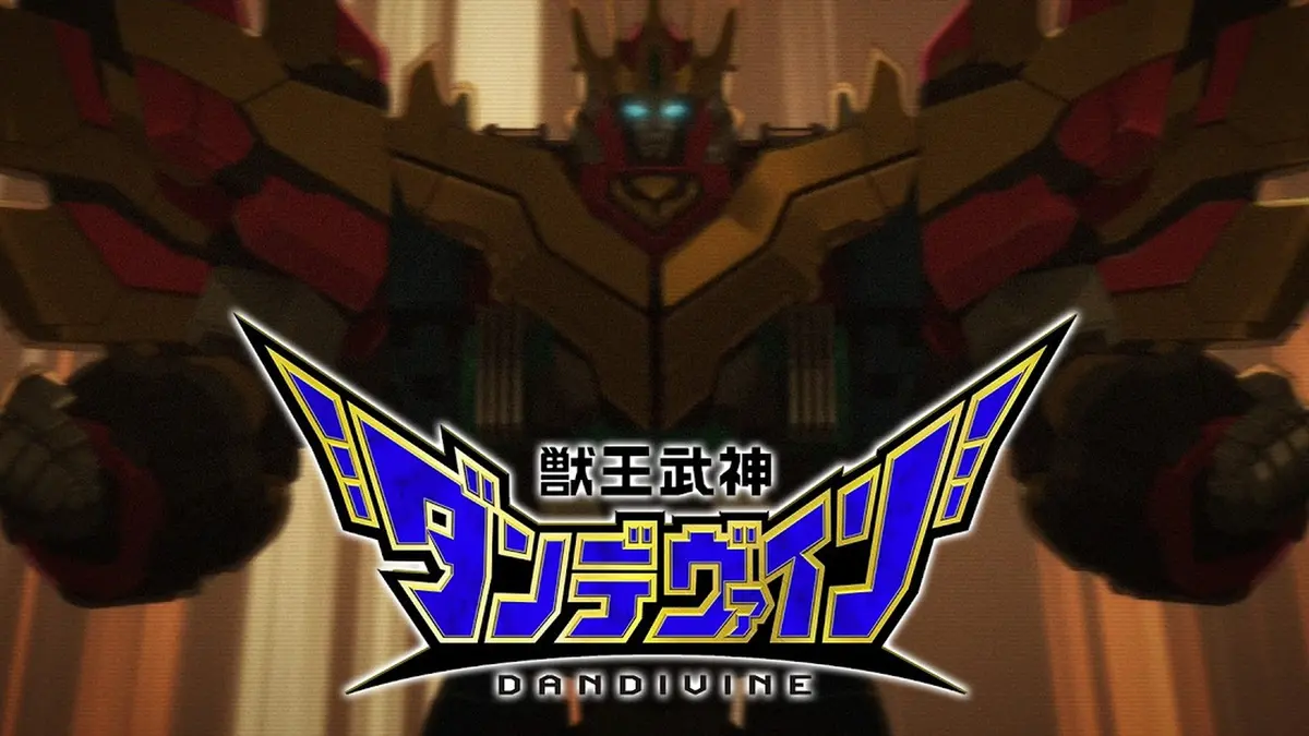 A gold and red super-robot with glowing blue eyes towering over a warm amber backdrop, beneath the Dandivine title mark