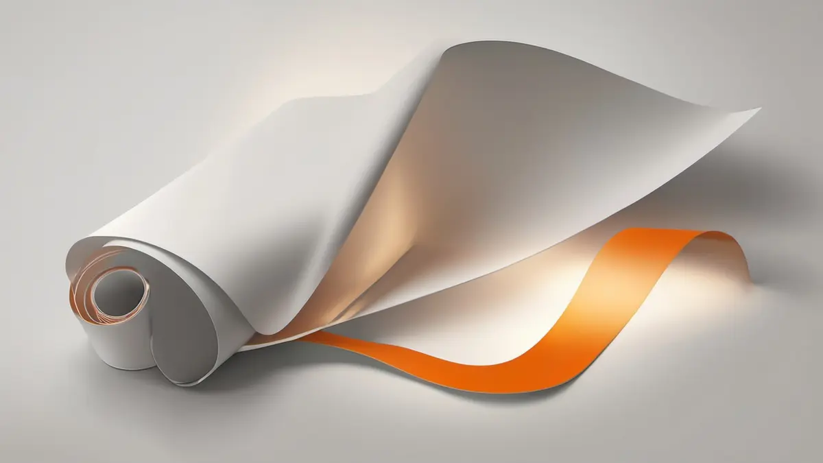 A curled sheet of white paper with a warm orange ribbon of light sweeping beneath it, on a soft grey background, representing one continuous thread of work producing a document