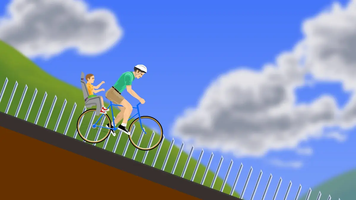 Happy Wheels store art: a rider in a green shirt and white helmet pedals a blue bicycle along a steep hill beside a metal spike fence, with a child strapped into a rear seat and a blue, cloud-streaked sky behind them.