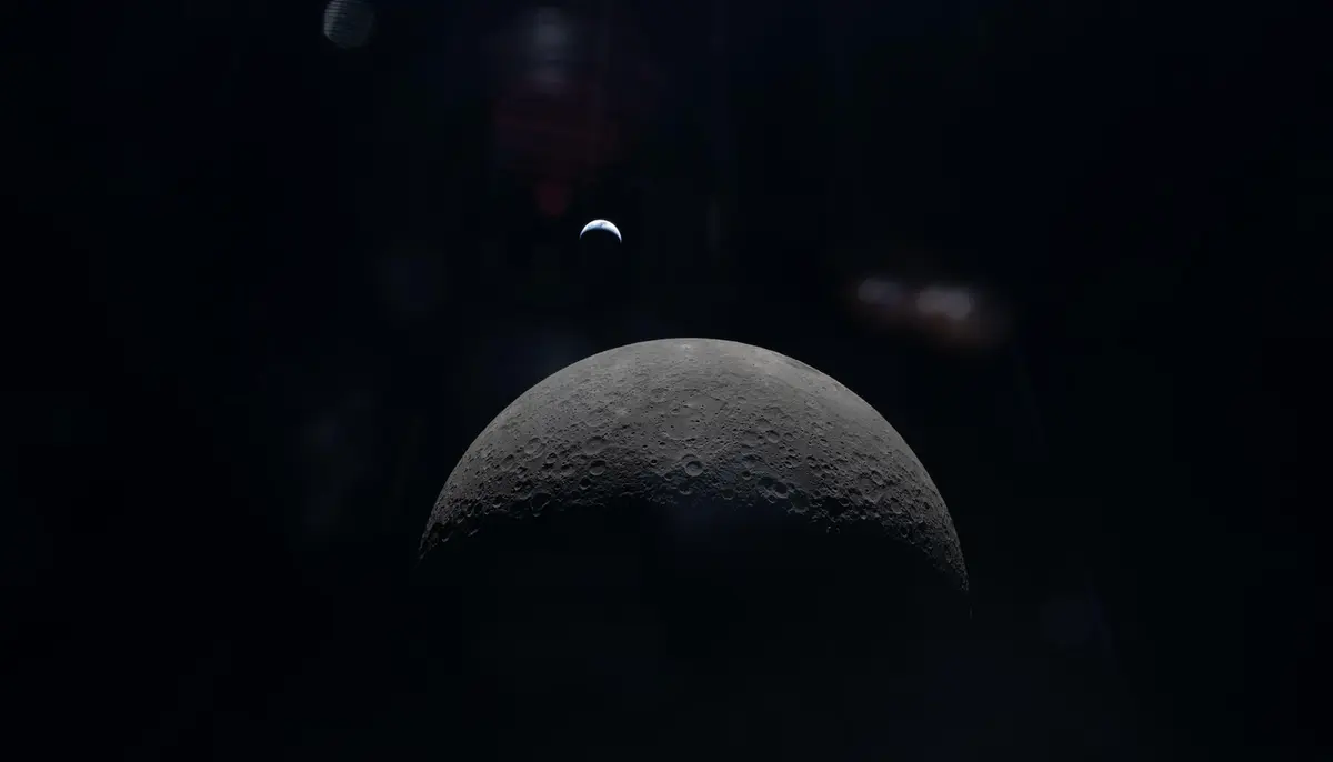 The cratered grey surface of the Moon filling the frame against black space, with a small crescent Earth above the horizon