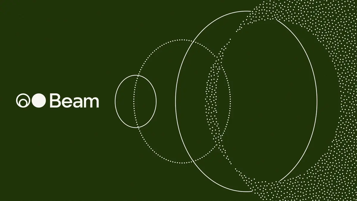 Reflection's Beam key art: the white wordmark 'Beam' beside a ring and a filled circle, with large overlapping outlined circles on the right, the biggest filled with a fine white stipple pattern, on a dark green background
