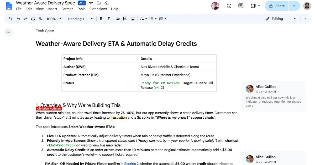 A Google Docs document showing a Markdown-rendered table and reviewer comments in the new native editing view