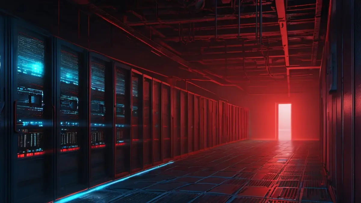 A dark server-room corridor lit by red warning light, with blue-lit server racks running along the left wall.