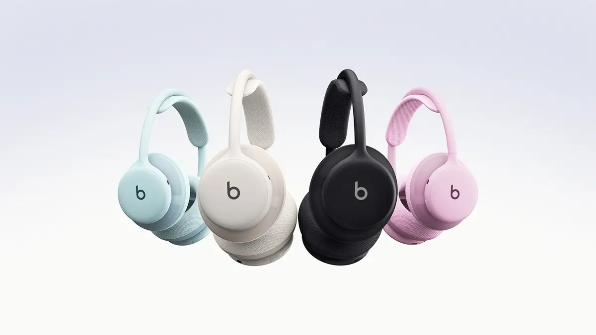 Four Beats 360 over-ear headphones in Sky, Cloud, Black and Pink, each fitted with colour-matched knitted cushions, lined up on a pale lilac background