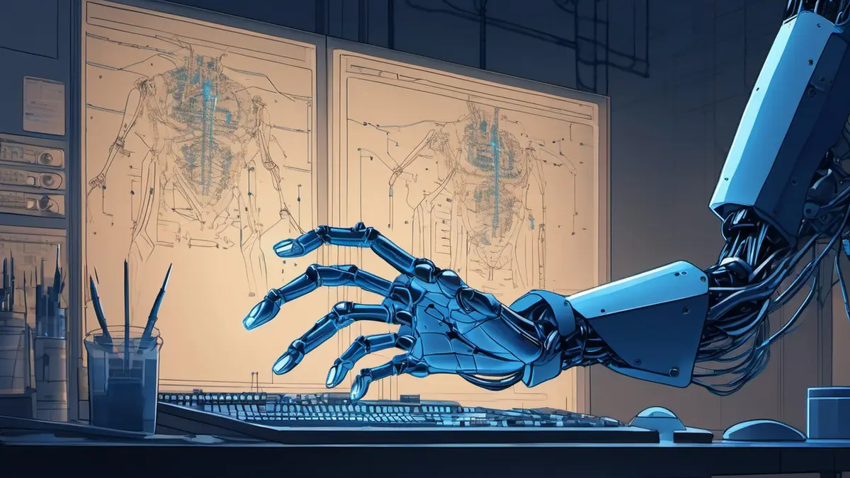 A blue robotic hand and forearm reach across a workbench towards a keyboard, beneath two large technical blueprints of a humanoid figure.