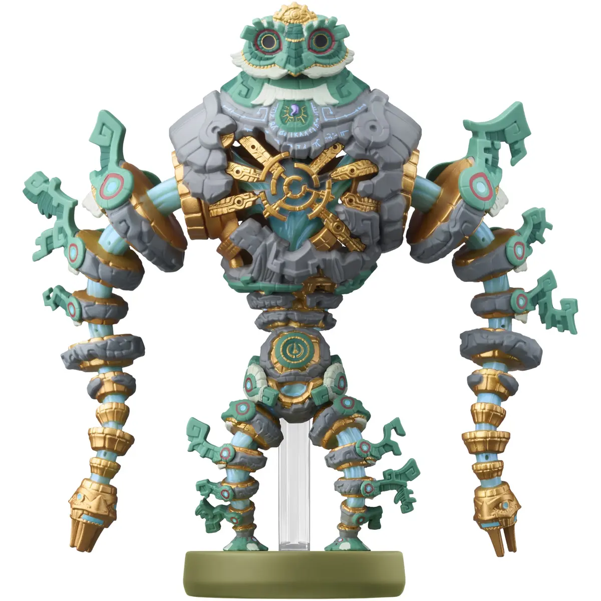The Mineru's Construct amiibo: a stone-grey, green and gold Zonai construct figure with articulated arms, standing on a rounded amiibo base against a plain white background